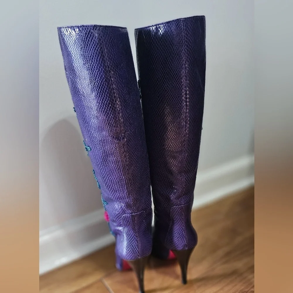 Vintage Emmanuel Ungaro Purple Reptile Leather Heeled Boots - Picture 2 of 4